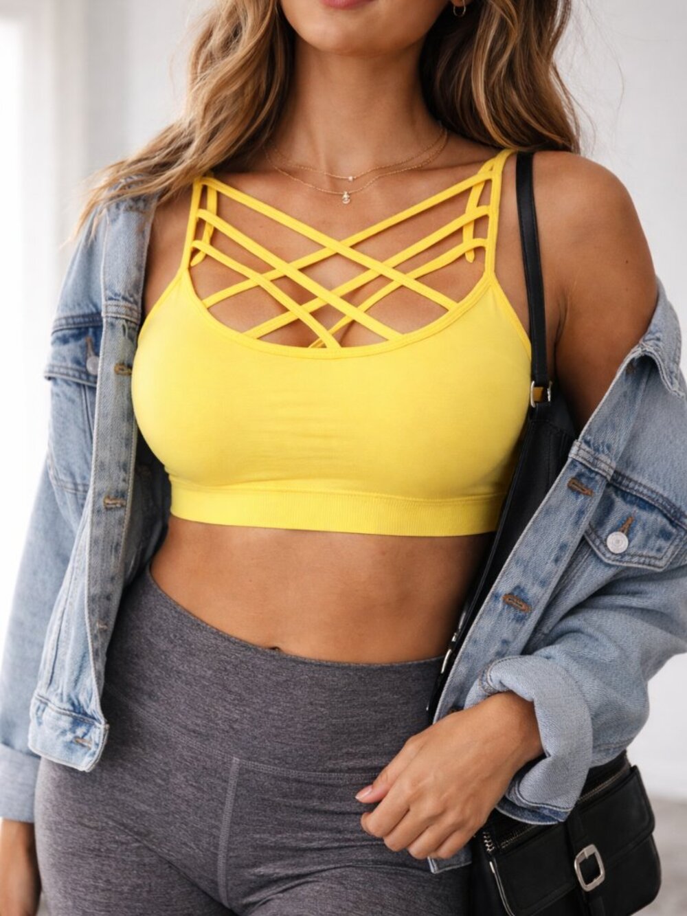 Zenana Yellow Strappy V-Lattice Bralette | Seamless Cage Bra Crop Top